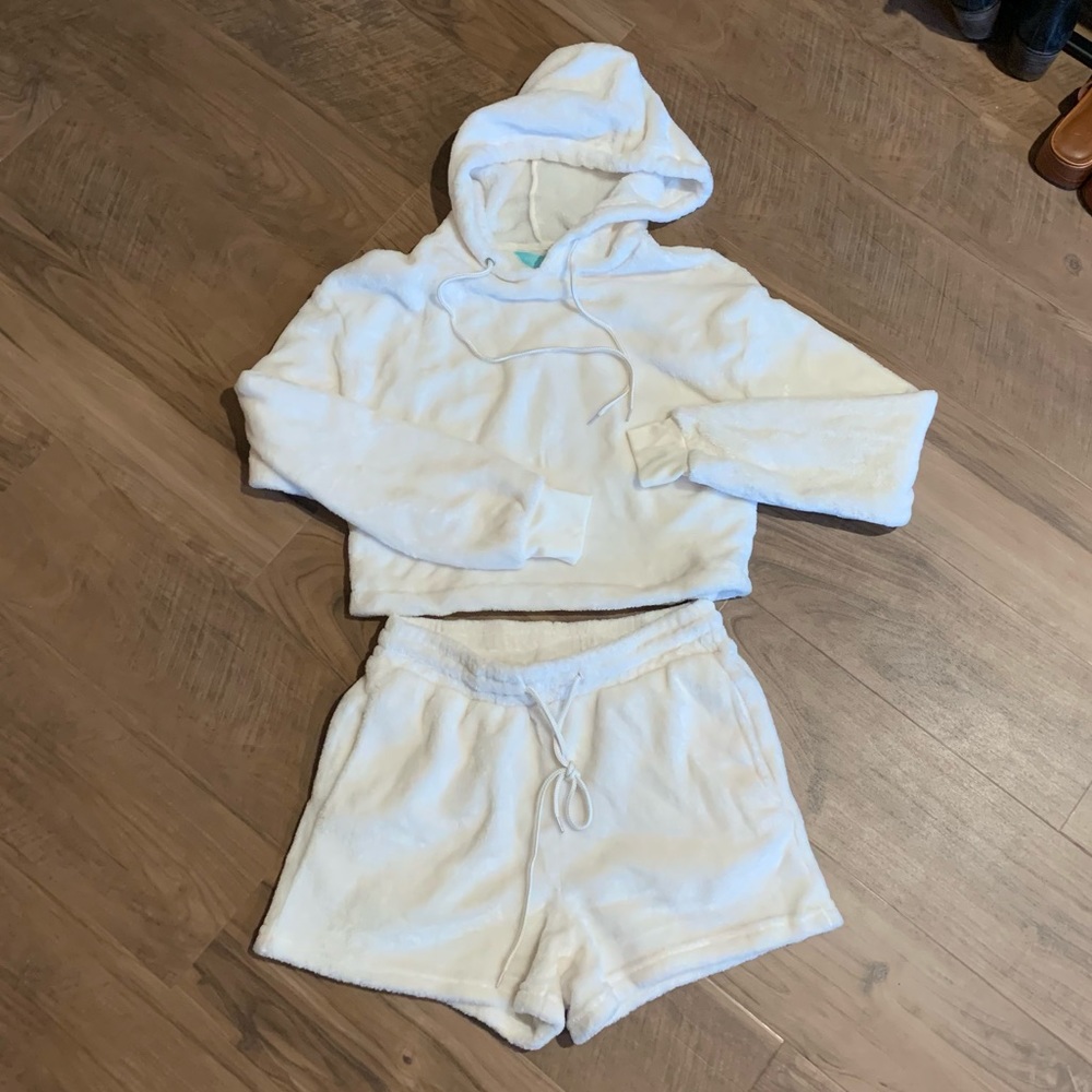 Fuzzy Soft Cropped Hoodie Shorts Set